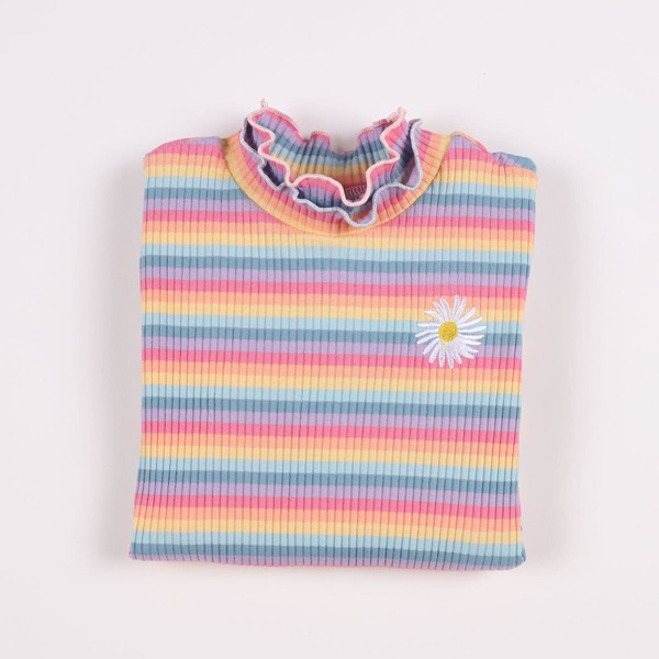 

Girls Rainbow Striped Lettuce Trim Embroidery Ribbed Tee, Multicolor