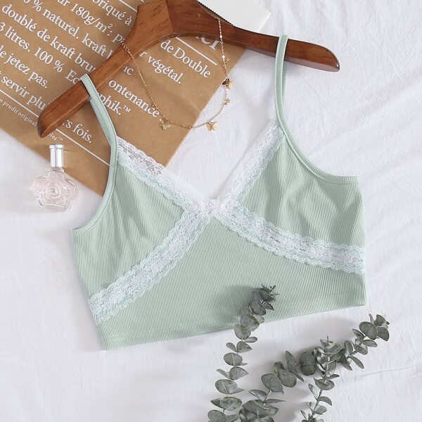 

Lace Trim Rib-knit Cami Top, Mint green