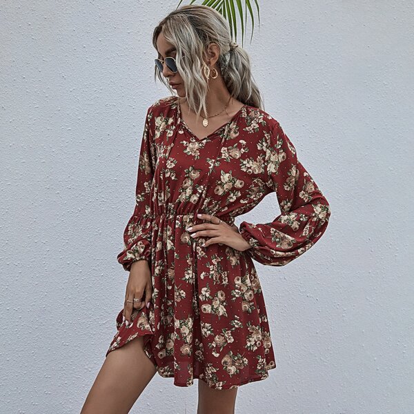 

Allover Floral Tie Neck Dress, Maroon