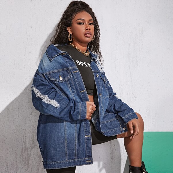 

Plus Dark Wash Ripped Denim Jacket