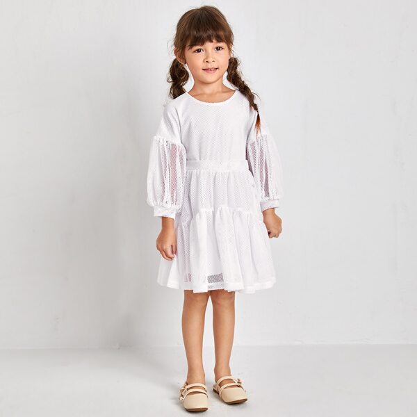 

Toddler Girls Solid Bishop Sleeve Ruffle Hem Fishnet Dress, White