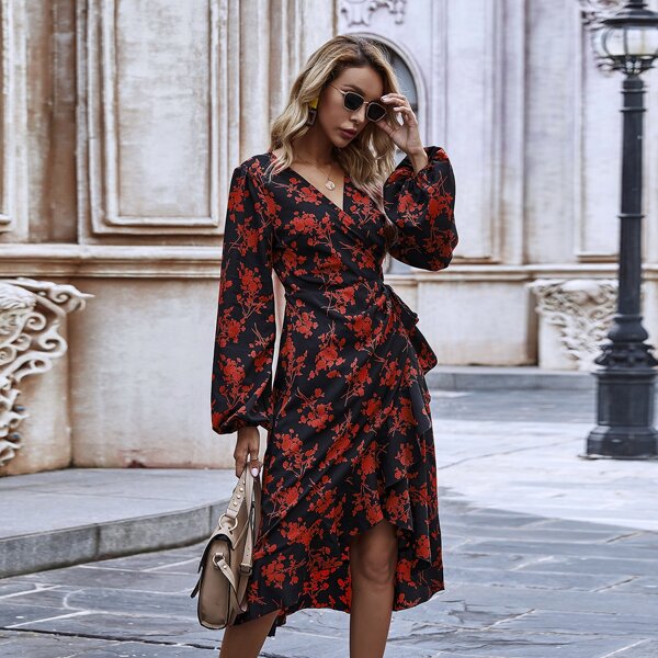 

Allover Floral Ruffle Hem Wrap Tie Dress, Multicolor