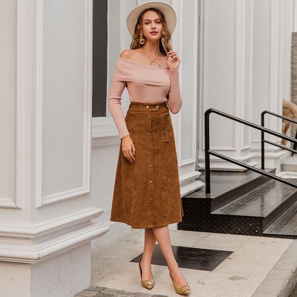 

High Waist Button Front Cord Skirt, Brown