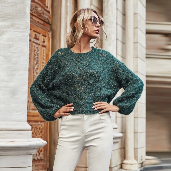 

Open Knit Bishop Sleeve Sweater, Dark green