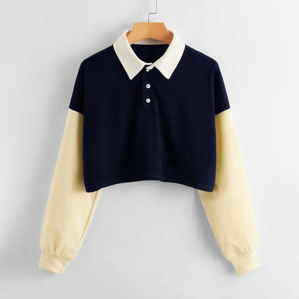 

Contrast Sleeve Drop Shoulder Crop Sweatshirt, Navy blue