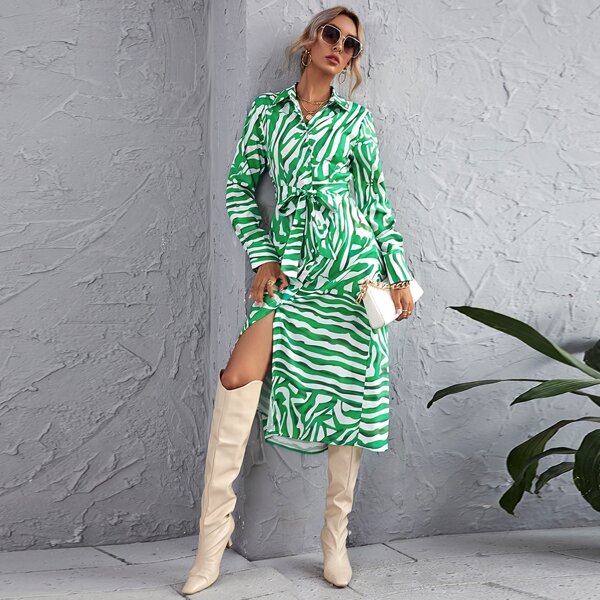

Allover Print Button Front Belted Shirt Dress, Green