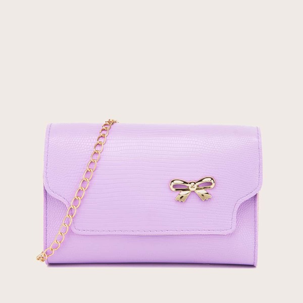 

Bow Decor Lizard Print Flap Chain Bag, Purple