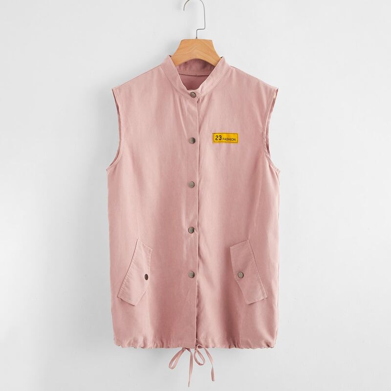 

Letter Graphic Drawstring Hem Single Breasted Vest Coat, Dusty pink