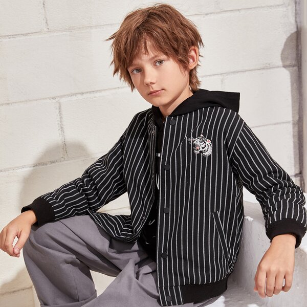 

Boys Embroidered Tiger Detail Striped Jacket, Black