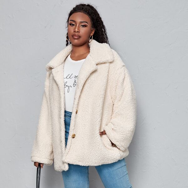 

Plus Drop Shoulder Button Front Teddy Coat, Beige