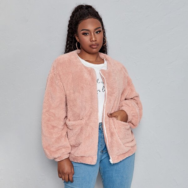 

Plus Dual Pockets Zip Up Teddy Jacket, Pink