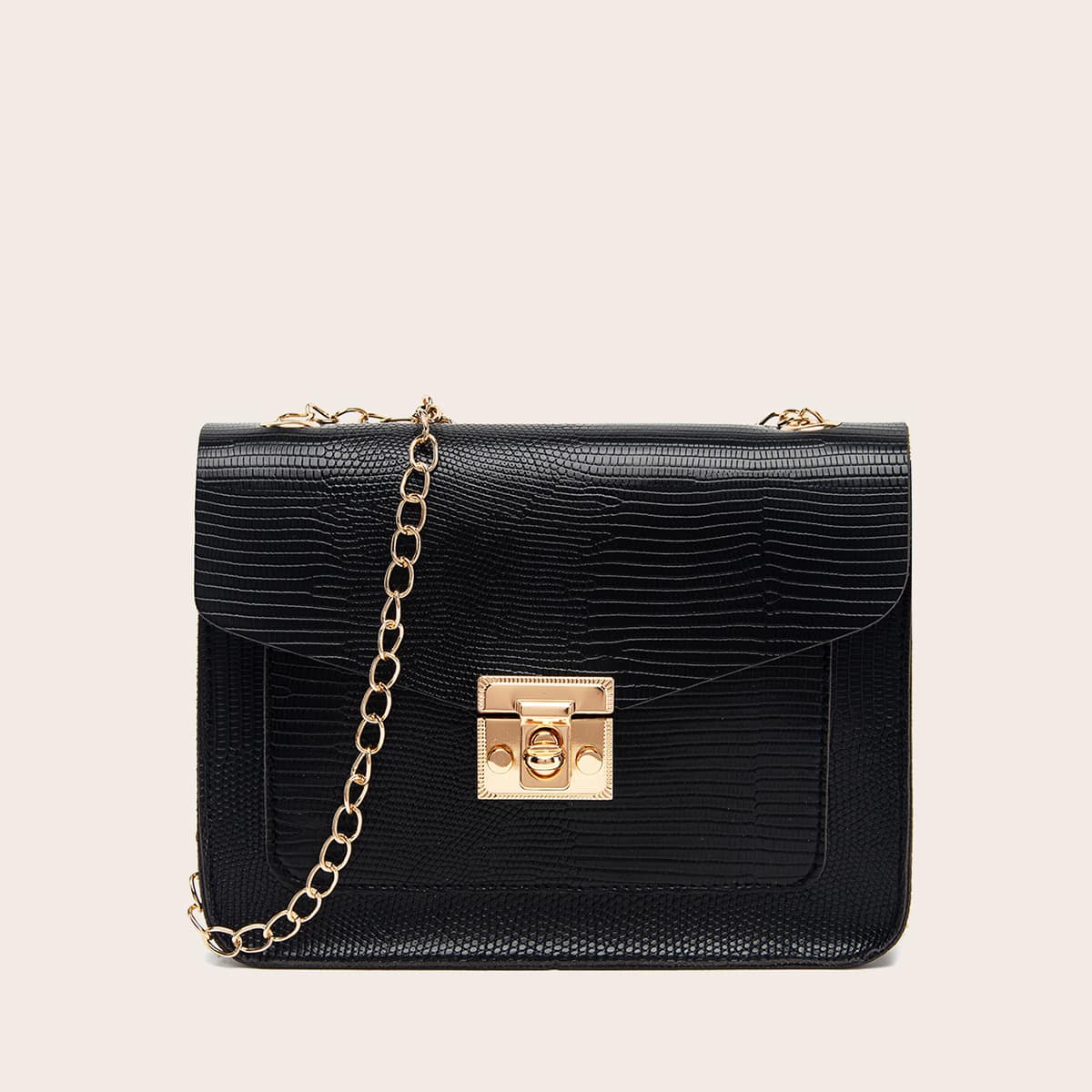 

Lizard Print Flap Chain Bag, Black