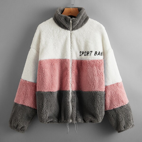 

Zipper Front Letter Embroidered Colorblock Teddy Jacket, Multicolor