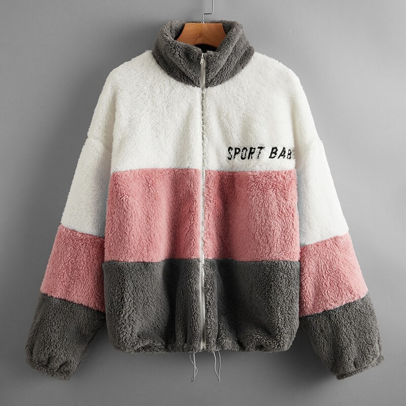 

Zipper Front Letter Embroidered Colorblock Teddy Jacket, Multicolor