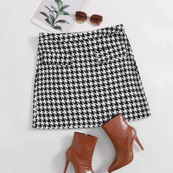 

Plus Flap Detail Houndstooth Tweed Skirt, Black and white