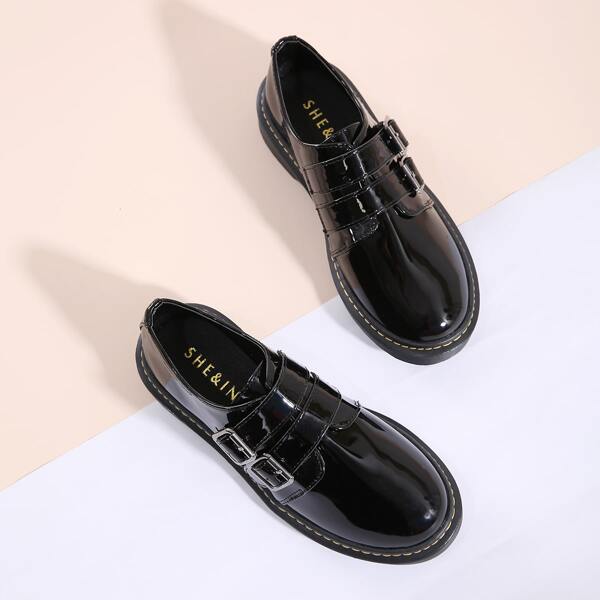 

Patent Double Buckle Decor Flats, Black