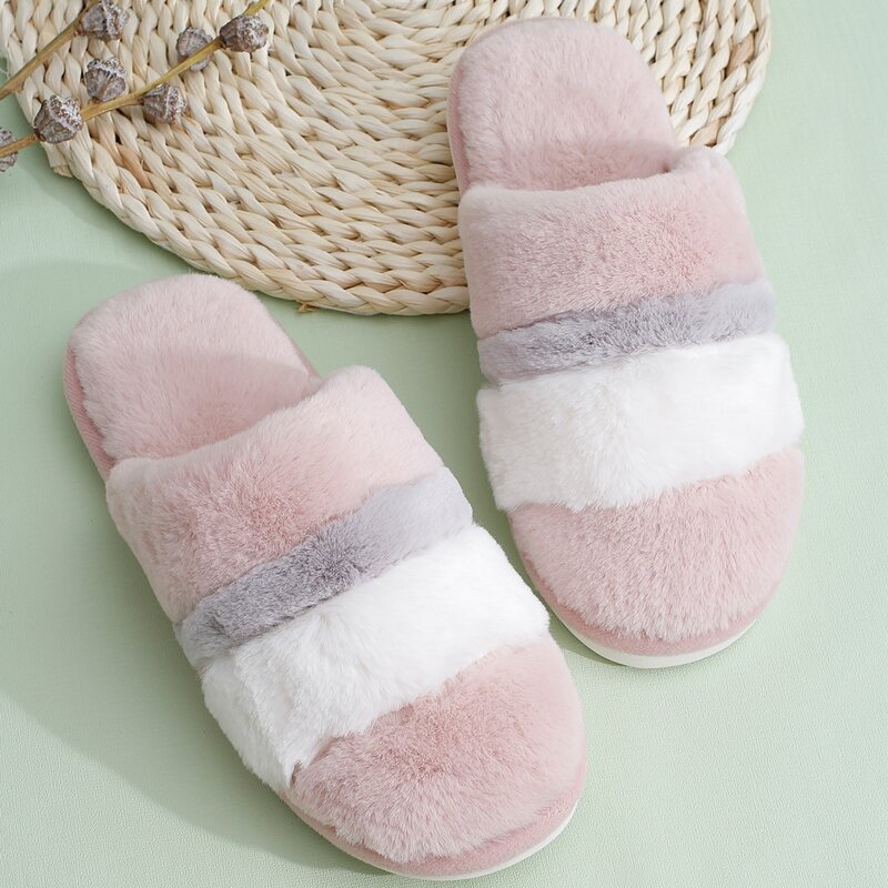 

Color Block Fluffy Slippers, Pink