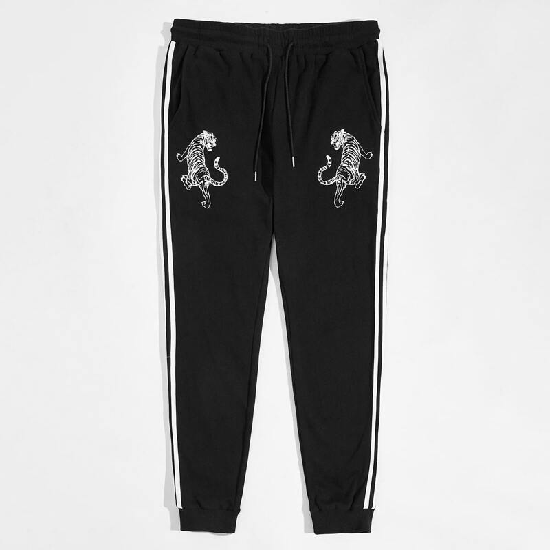 

Guys Contrast Striped Tape Tiger Print Joggers, Black