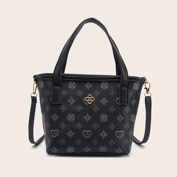

Geometric Graphic Satchel Bag, Black