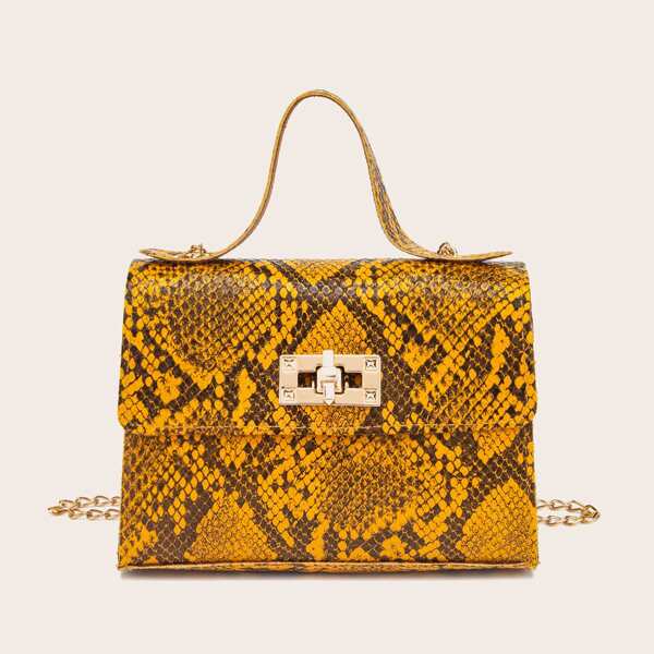 

Snakeskin Print Twist Lock Satchel Bag, Yellow