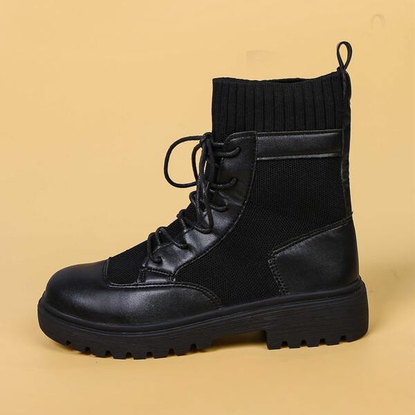 

Lace-up Front Knit Panel Ankle Boots, Black