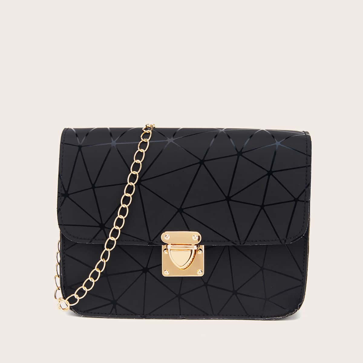 

Geometric Graphic Push Lock Chain Bag, Black