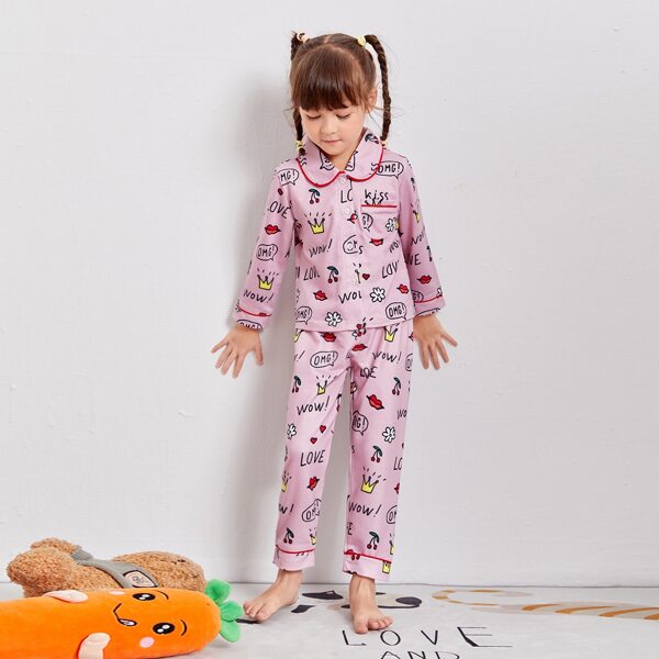 

Toddler Girls Letter & Floral Print Button Top & Pants PJ set, Baby pink