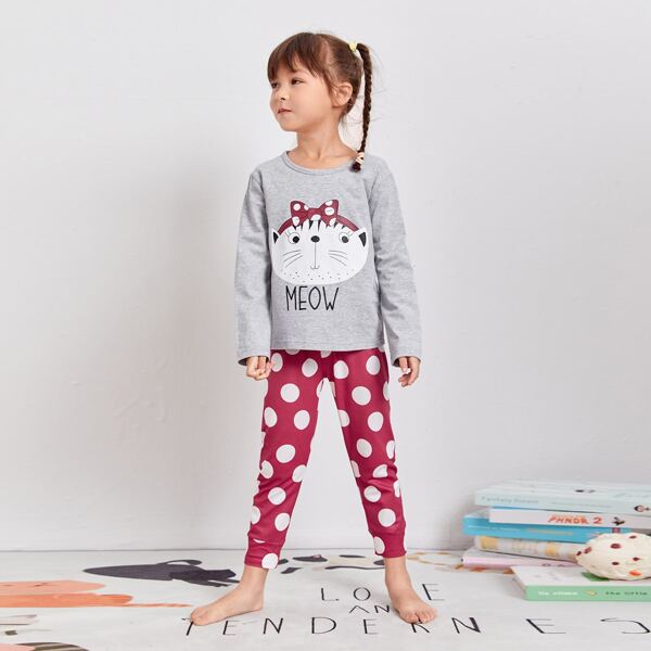 

Toddler Girls Cat Print Top & Polka Dot Pants PJ Set, Multicolor