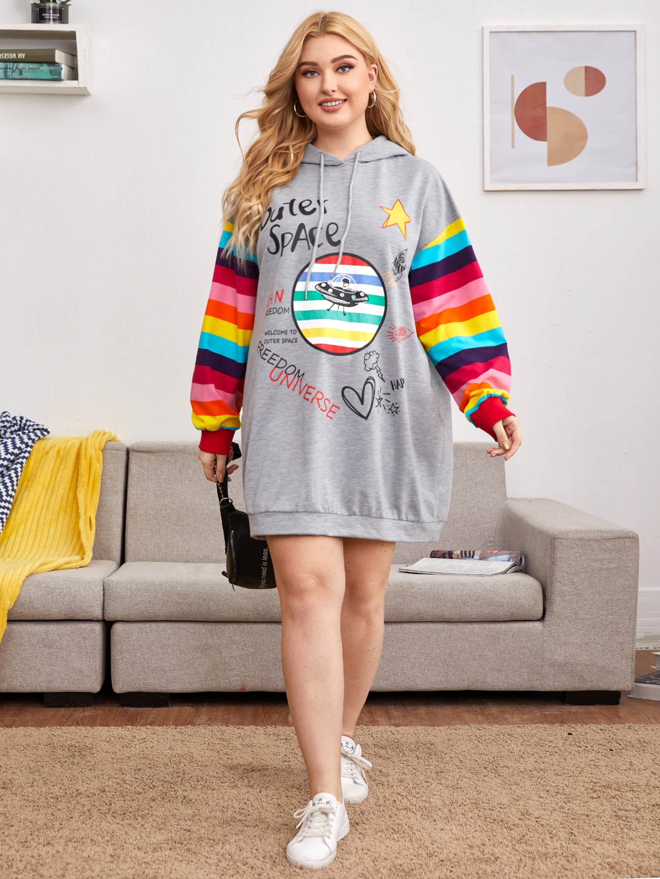 Plus Mixed Print Rainbow Striped Sleeve Hoodie Dress thumbnail