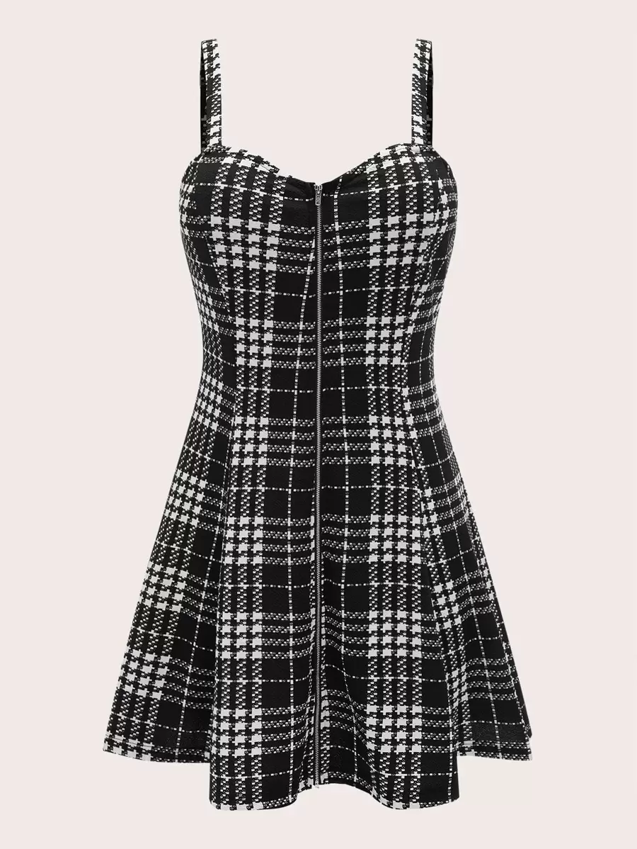 SHEIN Privé Plus Exposed Zipper Front Plaid Cami Dress - Black and White - View 1