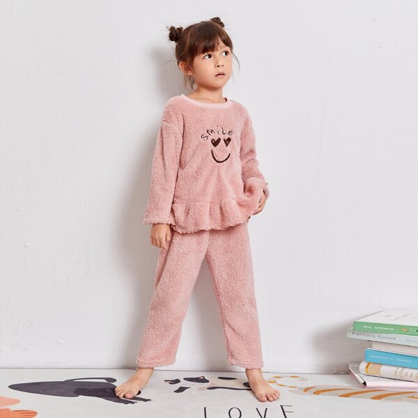 

Toddler Girls Letter & Cartoon Embroidery Ruffle Hem Teddy PJ Set, Coral pink