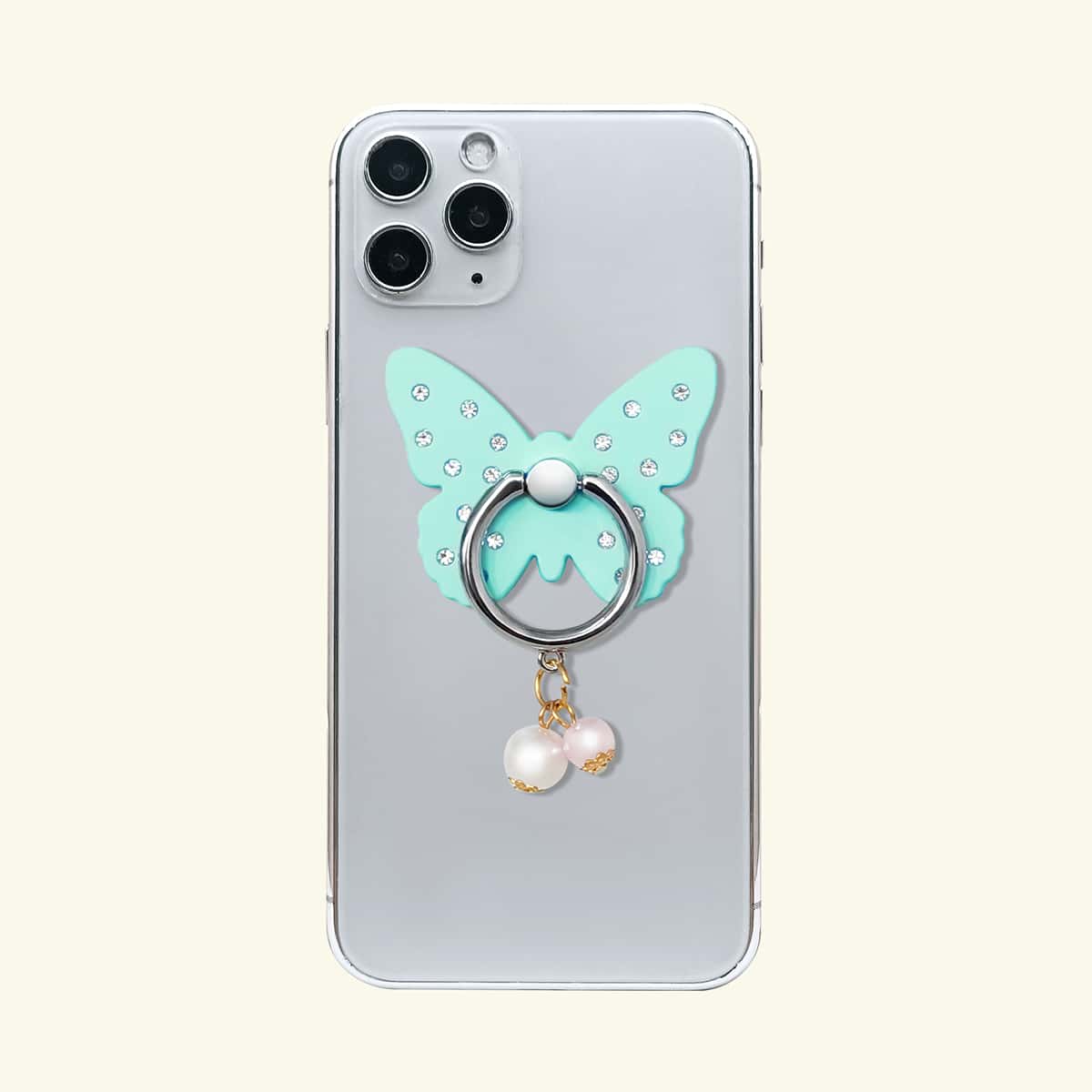 

Rhinestone Decor Butterfly Shaped Phone Ring, Mint blue