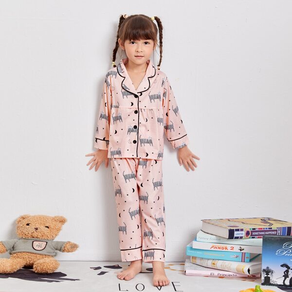 

Toddler Girls Contrast Binding Cartoon Graphic PJ Set, Baby pink