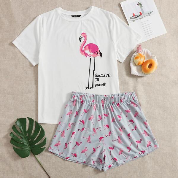 

Plus Flamingo & Slogan Graphic Top & Shorts PJ Set, Multicolor