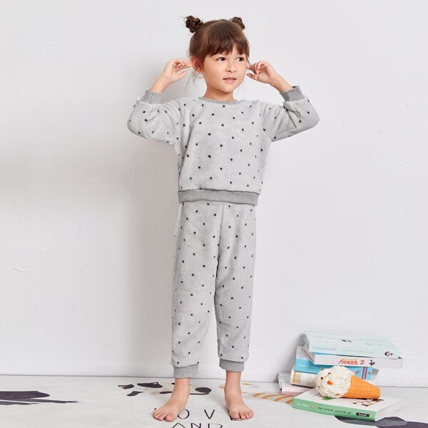 

Toddler Girls Polka Dot Flannel PJ Set, Light grey