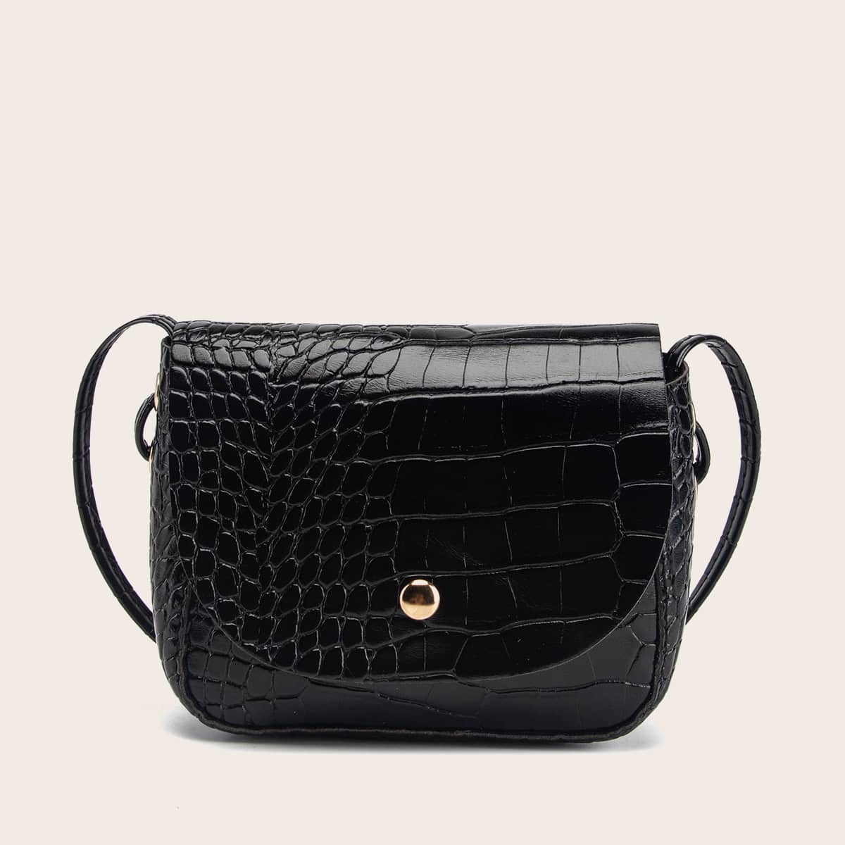 

Mini Croc Embossed Flap Crossbody Bag, Black