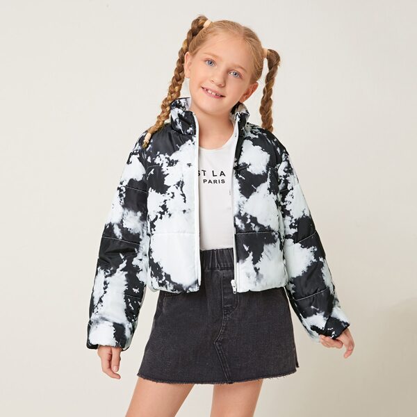 

Girls Tie Dye Puffer Jacket, Black and white