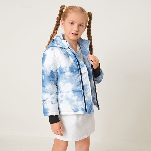 

Girls Zipper Front Tie Dye Puffer Jacket, Blue and white