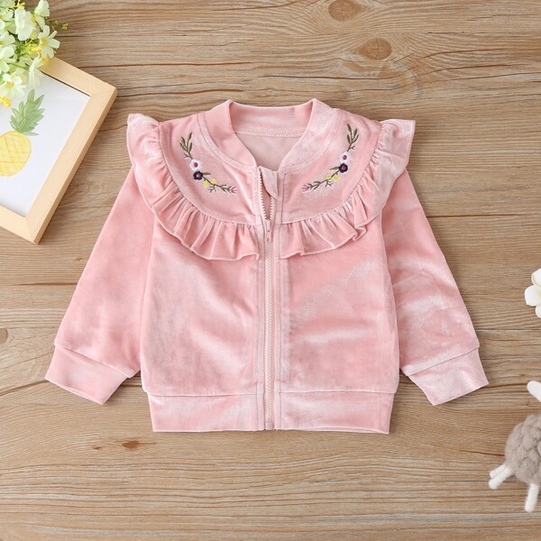 

Baby Girl Floral Embroidery Ruffle Trim Velvet Jacket, Baby pink
