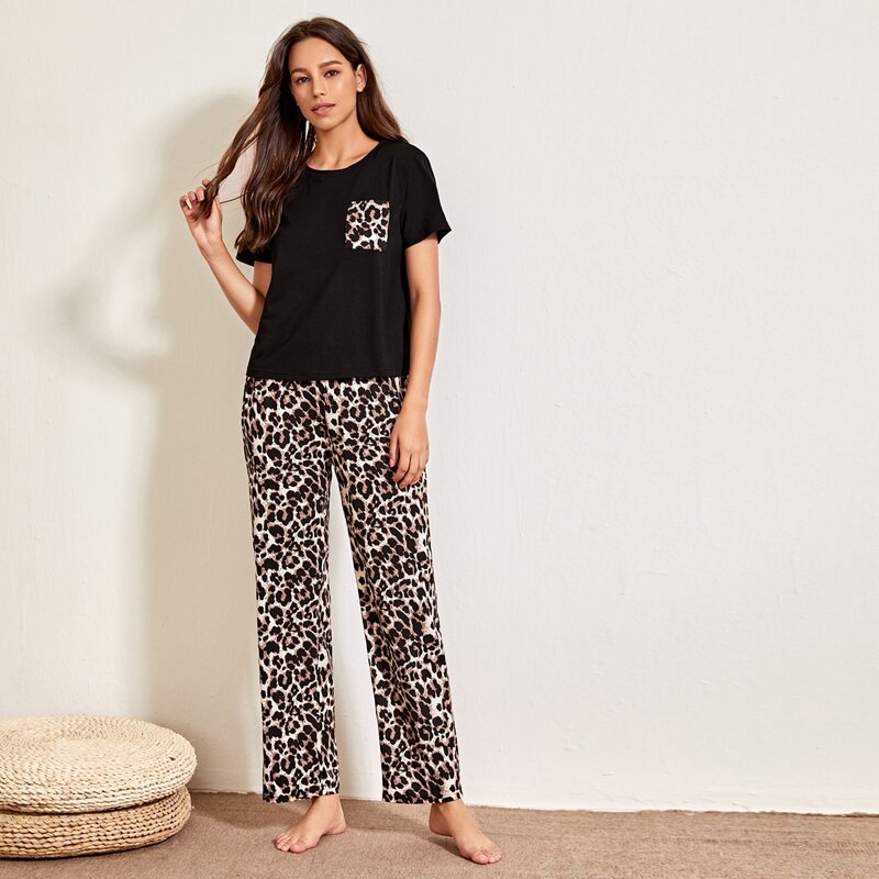 

Cheetah Print Patched Pajama Set, Multicolor