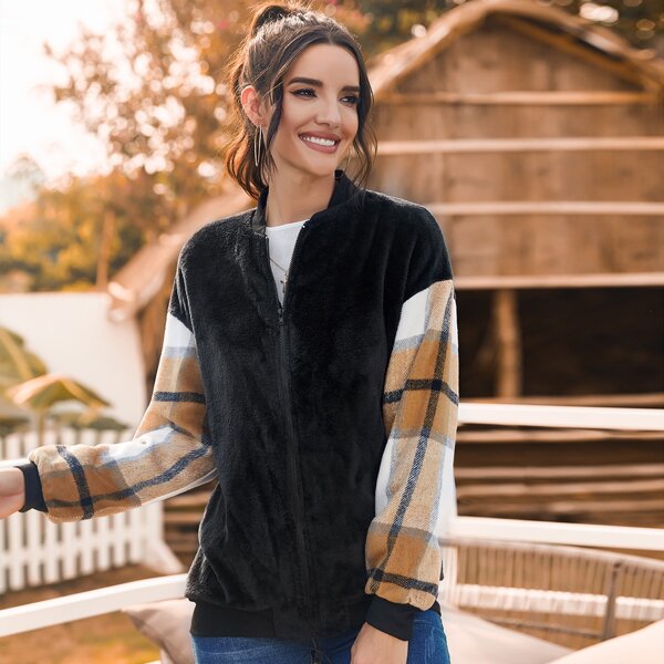 

Plaid Colorblock Flannel Bomber Jacket, Multicolor