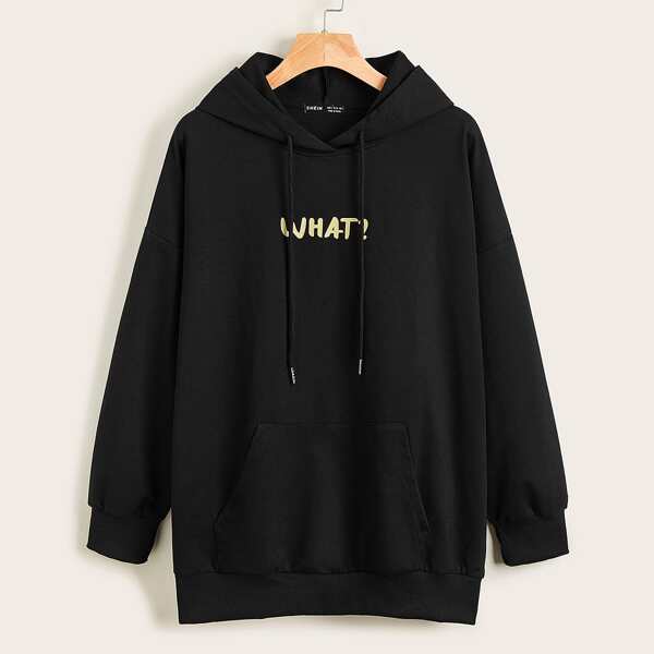 

Kangaroo Pocket Letter Graphic Drawstring Oversized Hoodie, Black