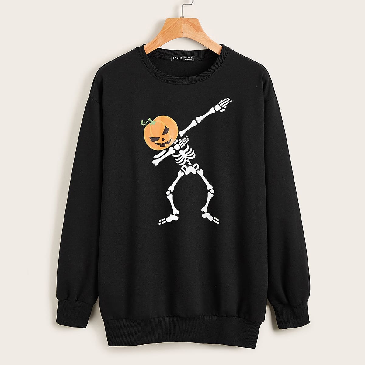 

Skeleton & Pumpkin Print Drop Shoulder Pullover, Black