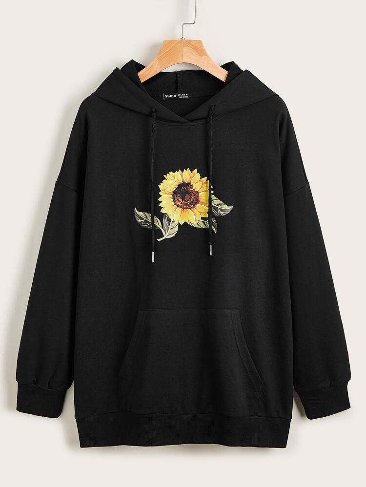 Kangaroo Pocket Sunflower Print Drawstring Oversized Hoodie