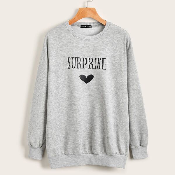 

Letter & Heart Graphic Drop Shoulder Pullover, Light grey
