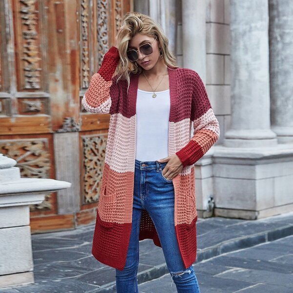 

Colorblock Dual Pocket Open Front Cardigan, Multicolor