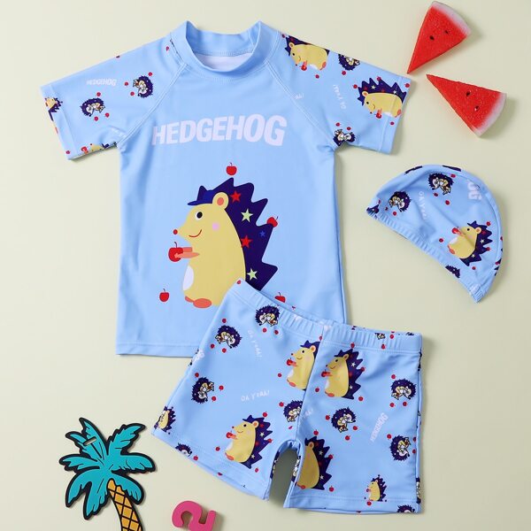 

Toddler Boys Hedgehog & Letter Graphic Swimsuit With Cap, Blue
