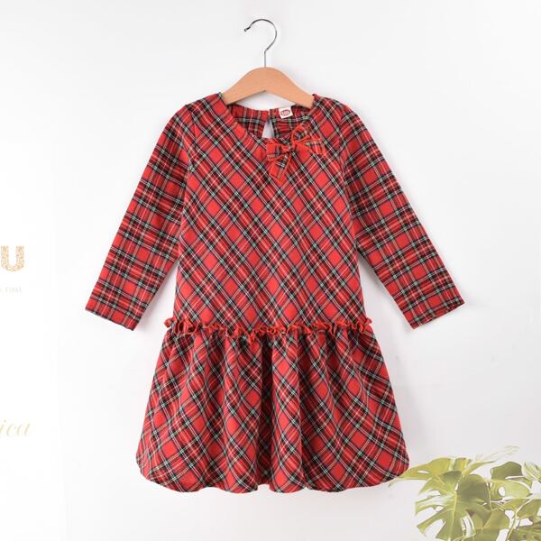 

Toddler Girls Tartan Print Ruffle Hem Bow Front Smock Dress, Red