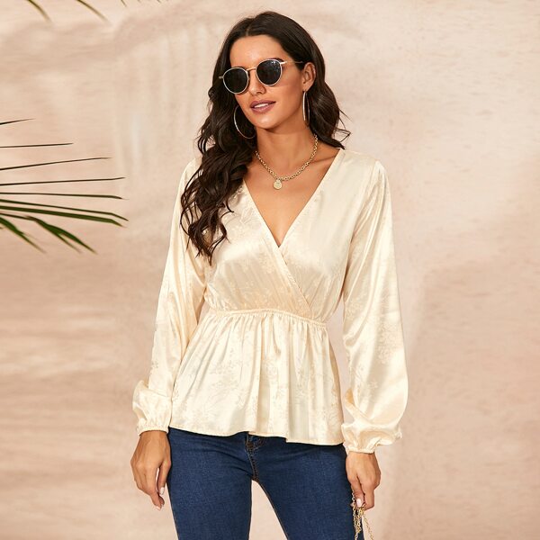 

Jacquard Satin Surplice Front Peplum Blouse, Apricot