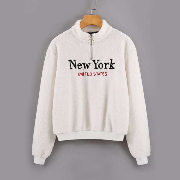 

Letter Embroidery Quarter Zipper Teddy Sweatshirt, Beige
